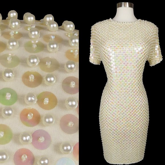 Vintage Dresses & Skirts - Vintage 80s Pearl Heavily Beaded Cocktail Party Prom Trophy Sheath Dress  S M